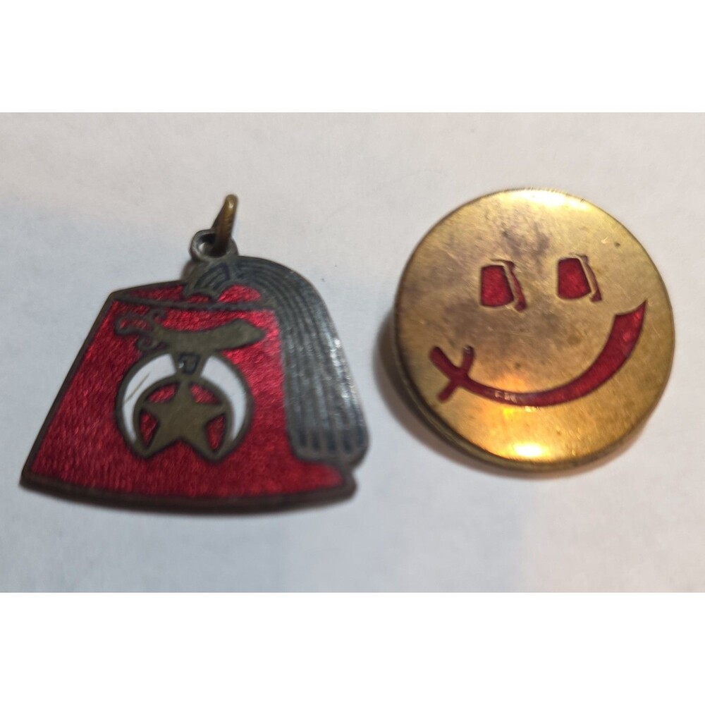 Vintage Brass & Enamel Shriner's Fez Hat Charm & SHRINER PIN * RARE*